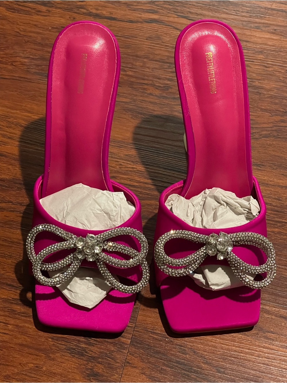 PrettyLittleThing Hot Pink Crystal Bow Mules